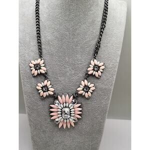 Amrita Singh Pink Mint Rhinestone Floral Statement Necklace Gunmetal Chain